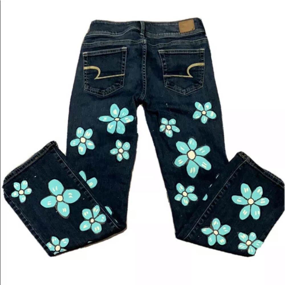 American Eagle Custom Painted Flower Print Jeans - Picture 2 of 4